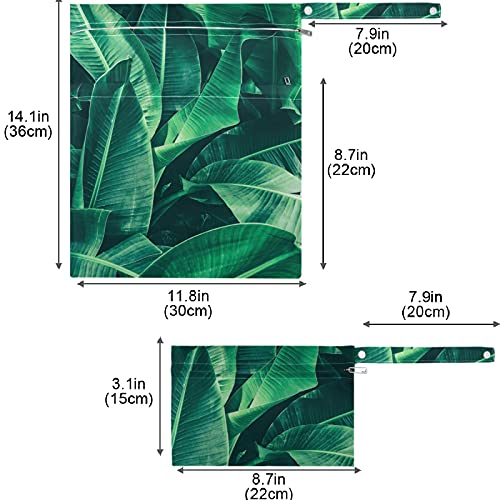 VISESUNNY Tropical Green Banana Leaf 2pcs Saco molhado com bolsos com zíper para fraldas salateadas reutilizáveis ​​laváveis ​​para