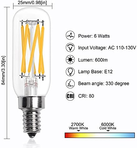 Bonlux E12 T6 lâmpadas LED diminuídas, 6W Igual 60watt Dimmable LED Filamento Bulbos, 2700k Warm White, 6-pacote