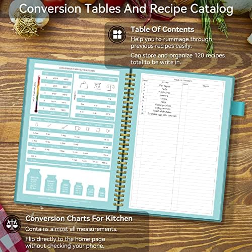 Livro de receitas para escrever em suas próprias receitas, notebook de receita em branco com guias para amante de culinária familiar, organizador de receitas de 120 páginas, 8,5 x 5,5 , cerceta