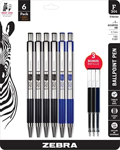 Caneta de caneta zebra f-301 caneta de esfera retrátil, barril de aço inoxidável, ponto fino, 0,7 mm, tinta variada, 9 pacote