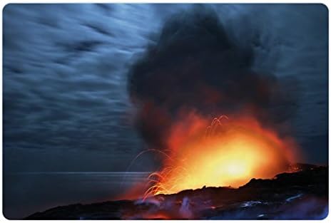Vulcão lunarable tapete de estimação para comida e água, explodindo lava em um cenário dramático noturno atividade natural