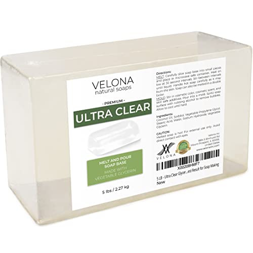 Velona 5 lb - Base de sabão de glicerina ultra clara SLS/SLES Free | Derreta e despeje | Barra natural transparente para o melhor resultado para fazer sabão