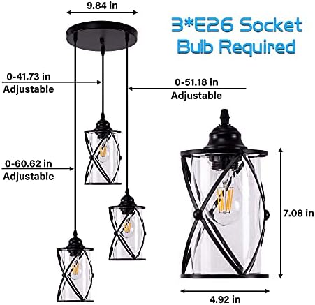 DFL Industrial Glass Pingente Light, lustre de tampa de vidro polido de metal preto com 3 luzes, luminária pendente para restaurantes,