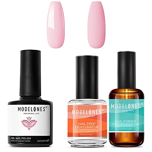 Modelones 3pcs Primer de unha e desidratador de preparação de unhas com esmalte de preto de gel rosa claro Conjunto