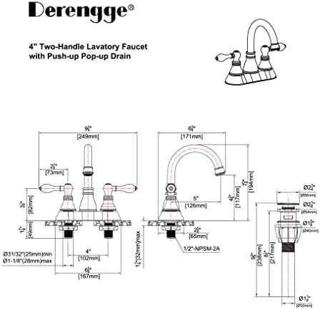 Derengge F-4501-NB 2 Handle odle esfregue a torneira da pia de banheiro de bronze com ralo pop-up, cupc nsf ab1953