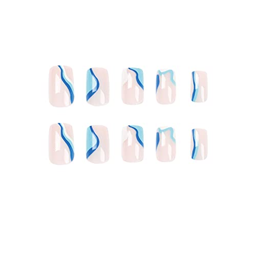 24 PCs Pressione as unhas quadradas longas desenhos falsos desenhos de unhas azuis linha branca de acrílico False