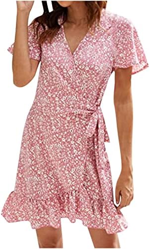 Vestido de chiffon de verão lmdudan para manga curta feminina, vestido de cintura floral com deco