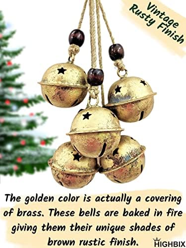 Conjunto Highbix de 5 Harmony Jingle Bells Vintage Rústico Rústico Lucky Christmas Hanging Decor Bells na corda