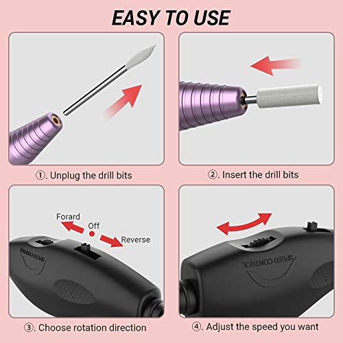 AirSee Portable Elétrico Próncigo Efile Drill Efile Brill Brill Kit para acrílico Gels pregos roxo + 7 peças Long Tungstênio Carboneto