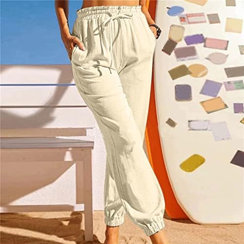 Calças de linho de algodão para mulheres, Capri Capri Capri Summer Summer Summer Pants de perna larga casual para mulheres