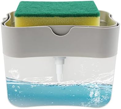 Dispensador de sabão de prato para cozinha, dispensador de sabão e suporte de esponja 2 in1, esponja incluída, recarga instantânea,