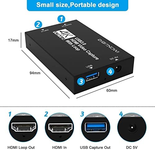 4K HDMI Capture Capture Streaming de streaming de gravação, USB 3.0 Captura de jogo Nintendo Switch, dispositivo de captura 1080p 60fps