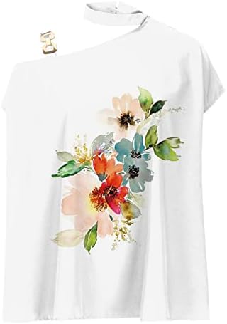 Tops de verão para mulheres com manga meia de manga Batwing, alça de metal da blusa de ombro, camisetas casuais impressas estampadas