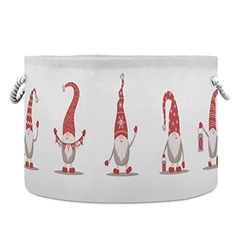 Kigai Gnomos fofos em chapéus de Papai Noel vermelho cesto de armazenamento redondo com alça, cestas de lavanderia decorativa