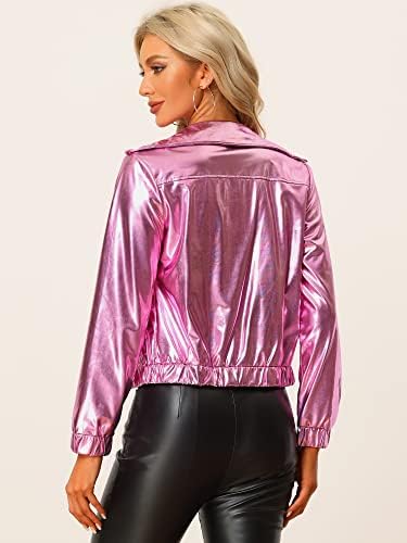 Jaqueta de trilha de Natal da Allegra K feminina Holográfico Holográfico Longo Longo Captura Front Metallic Zip