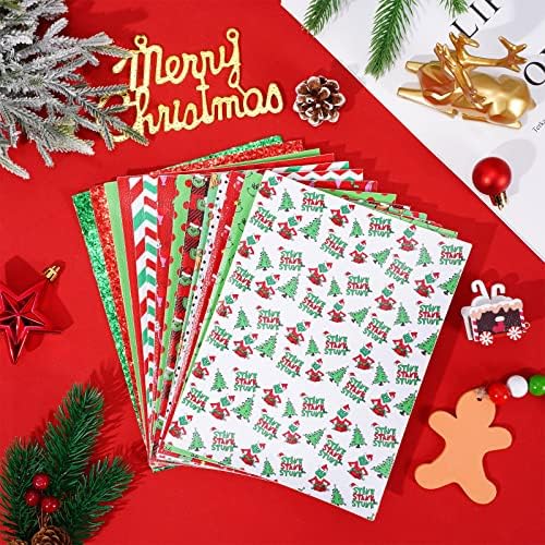 AnyDesign 14pcs Christmas Faux Leates Leets Green Green Glitter Caracteto de Characte de Couro Dots Listras Impressas