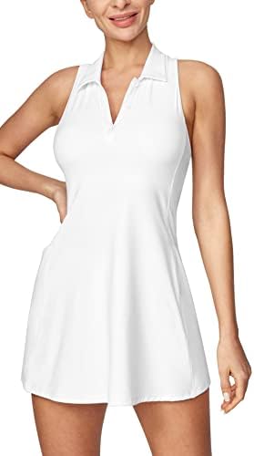 Vestido de tênis de iuga para mulheres, vestidos de golfe com shorts embaixo do vestido atlético de sutiã embutido com bolsos