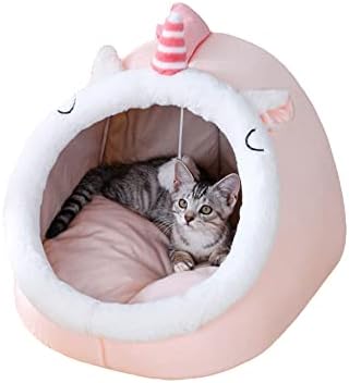 Caverna de cama de gato interno qwinee com almofada removível - macarrão de estimação de tenda quente unicórnio cães