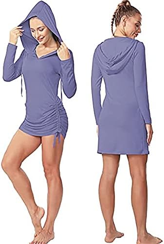 Vestido de algodão feminino que se encaixa no casual casual hemline capuz de manga longa relaxada fit-deco