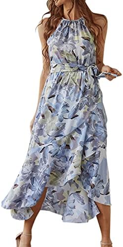 Mulheres Midi Long Dress Floral Print Halter pescoço de bainha de verão vestidos de praia casual