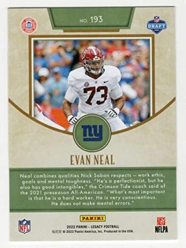 Evan Neal RC 2022 Panini Legacy 193 nm+ -mt+ nfl futebol ny Giants Rookie