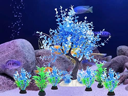 Decorações de tanques de peixes de aquário aquário vtapliea, árvore de plástico azul com 6 embalagens pequenas plantas de aquário