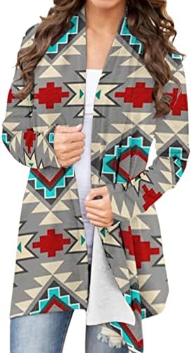 Mulheres de comprimento médio casaco ocidental impressão étnica tops retro casual asteca estampa de manga longa Cardigan