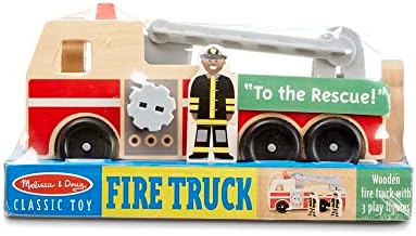 Melissa e Doug Wooden Fire Truck com 3 figuras de brincadeira de bombeiros - Truques de bombeiros para crianças,