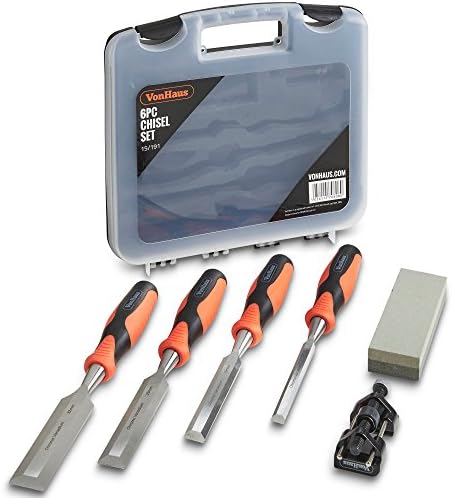 Vonhaus 6 PC Premuim Chisel Set para guia de madeira com guia de aprimoramento, afiar a estojo de pedra e armazenamento