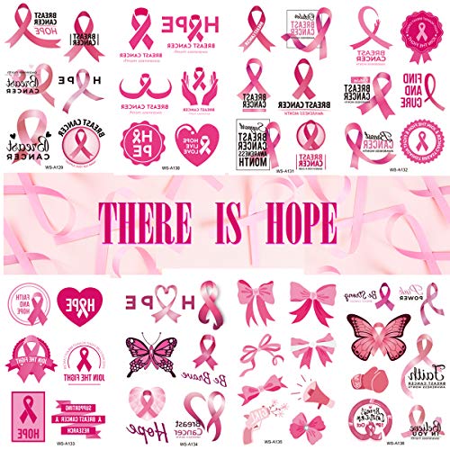 Tatuagens temporárias de fita rosa tatuagens de conscientização sobre câncer de mama, tatuagens de fita rosa à prova d'água falsas