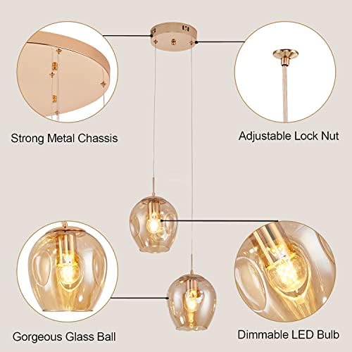 Iluminação de teto pendente diminuído, luminária de lustre de vidro globo, lâmpada de suspensão ajustável de LED moderno