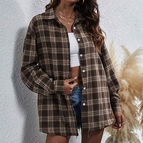 Camisas xadrez clássicas femininas botão frontal aberto para baixo do cardigante casual blusa de lapela longa de manga longa 2023