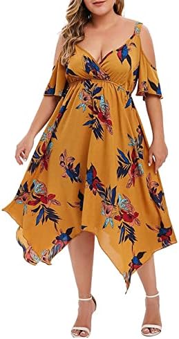 Vestido de verão Fragarn, Mulher Mulher Plus Tamanho Open ombro aberto Vestido de decote em V estampado floral em V