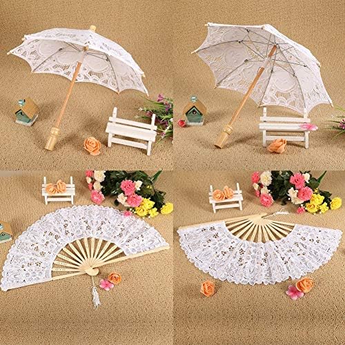 Oumij Lace Umbrella + Decorativo Fan - Parasols de Casamento de Noiva - Com alça de madeira - Para Lady, Mulheres