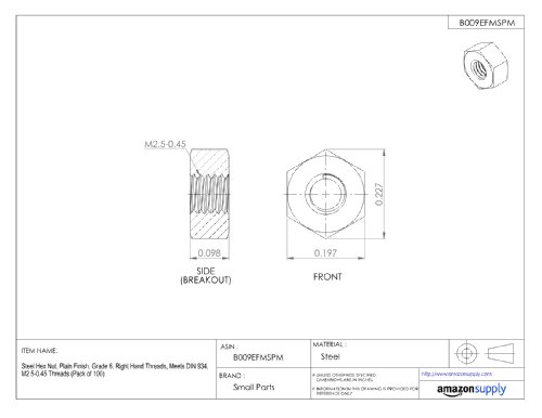 Peças pequenas de aço hexadecimal, acabamento simples, classe 6, DIN 934, métrica, m4-0.7 tamanho da linha, 7 mm de