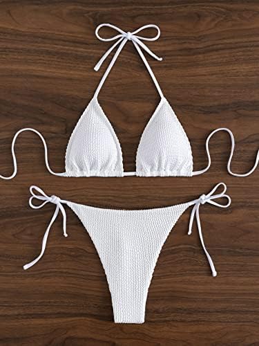Gorglitter feminino de 2 peças de tanga sexy Bikini Conjunto texturizado Halter Triangle Triângulo Tire Tie Bathing Suits