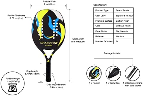 Grandcow Beach Tennis Paddle Racket Fibra de carbono com EVA Memory Foam Core Tennis Padel