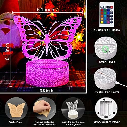 Bitrue Butterfly Night Light, 2 padrões de borboleta, presentes para meninas de aniversário para lâmpada de ilusão 3D, 16