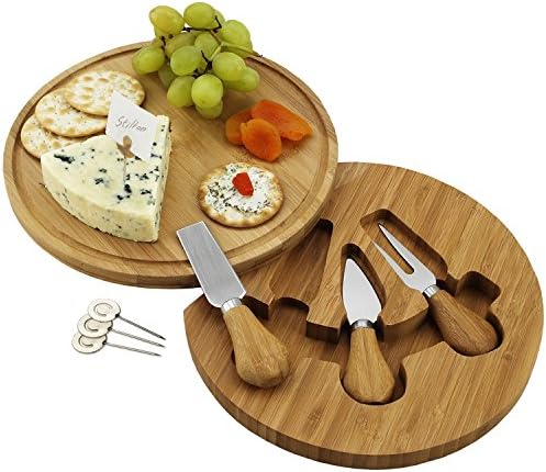 Placa de queijo redonda de bambu com 3 ferramentas de aço inoxidável e 4 marcadores de queijo - 9 diâmetro x 1,5 de altura