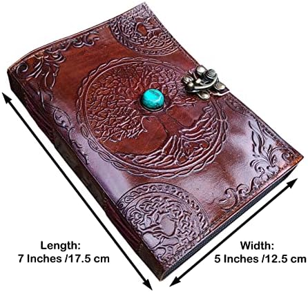 THAR Artefatos Handmade Tree of Life Leather Journal com bloqueio semi -precioso de pedra e fivela de fivela de couro diário