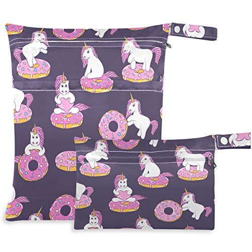VISESUNNY Unicórnio engraçado com bolsa molhada rosa Donut 2pcs com bolsos com zíper Lavagem salada reutilizável para viagens,
