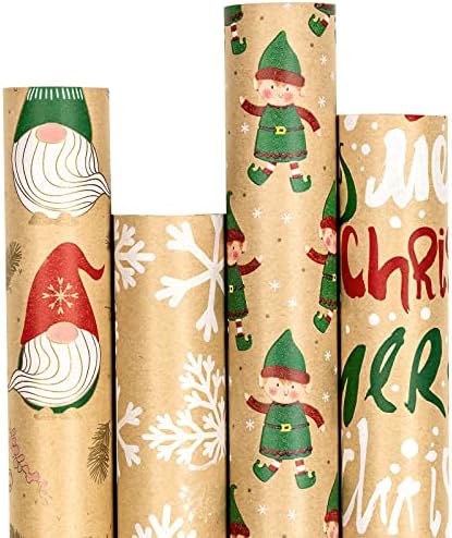 Papel de embrulho de Natal Ruspepa, papel kraft - Papai Noel, Gnome, Floco de Neve e Feliz Natal - 4 rolos - 30 polegadas