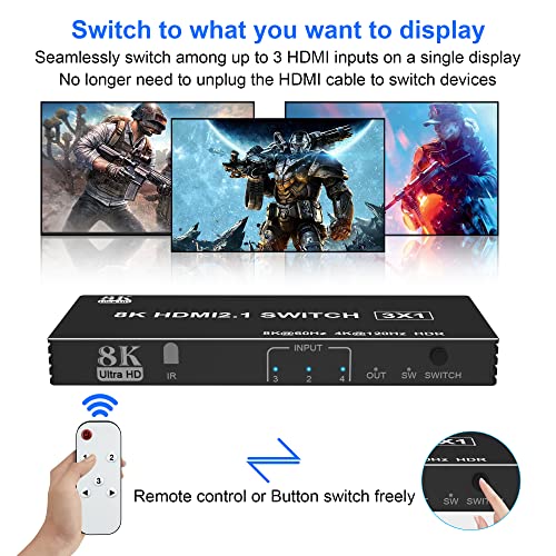 Switch HDMI 2.1 8K 60Hz, HDMI Switcher 3 em 1 Out com controle remoto IR, suporta 48 Gbps, HDR10+, HDCP2.3, Dolby Vision,