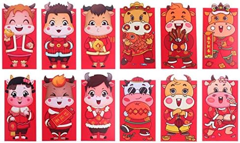 Aboofan 12pcs 2021 envelopes vermelhos de ano novo chinês com padrão de vaca ox ano ox Hong Bao Pacotes de dinheiro da sorte para