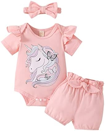 Roupa de menina rosa roupas recém -nascidas roupas de verão abundante manga curta corpulate de manga+shorts shorts bandana 3pcs conjunto