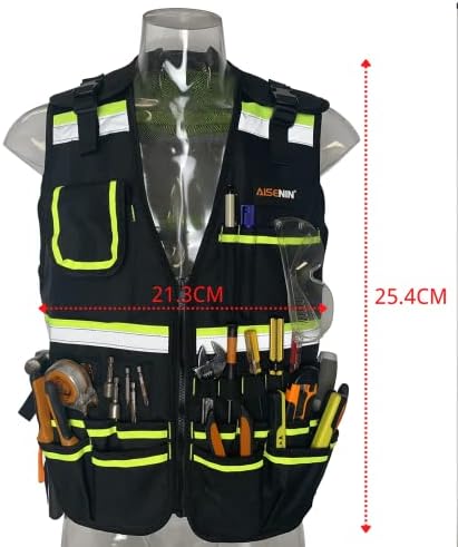 Colete de ferramentas de segurança reflexiva de aisenina com multi-bolsos e zíper, colete de ferramentas para serviços pesados