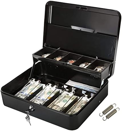 Grande caixa de dinheiro segura com bandeja de dinheiro em camadas e trava -chave, 5 compartimentos de armazenamento e 4 partições