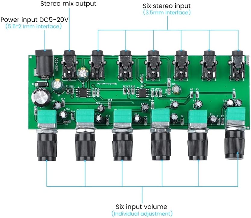 GXBPY 6 maneiras de mixer estéreo Distribuidor de áudio Placa de mistura com controle de volume independente DC5-24V 1PC 6 Entradas