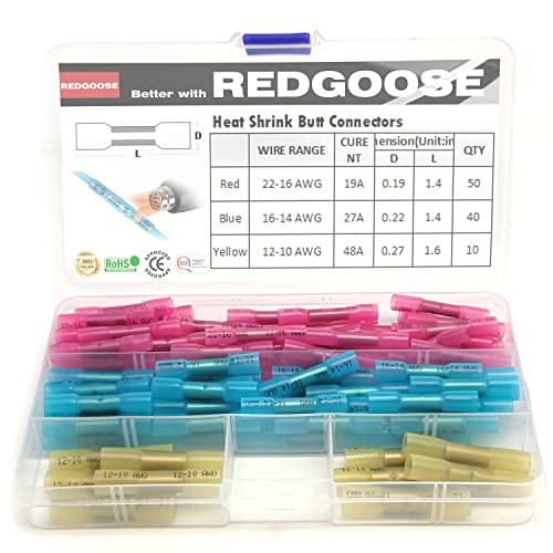 Redgoose 100pcs conectores de bumbum de encolhimento de calor 22-10 AWG Terminais de fio elétrico de bunda elétrica à prova