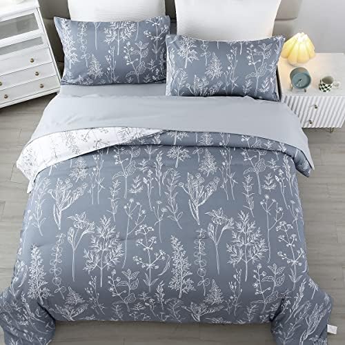 Urbonur Grey Queen Consold Conjunto de 5 peças, cama de estampa floral planta em uma cama queen saco conjunto para toda